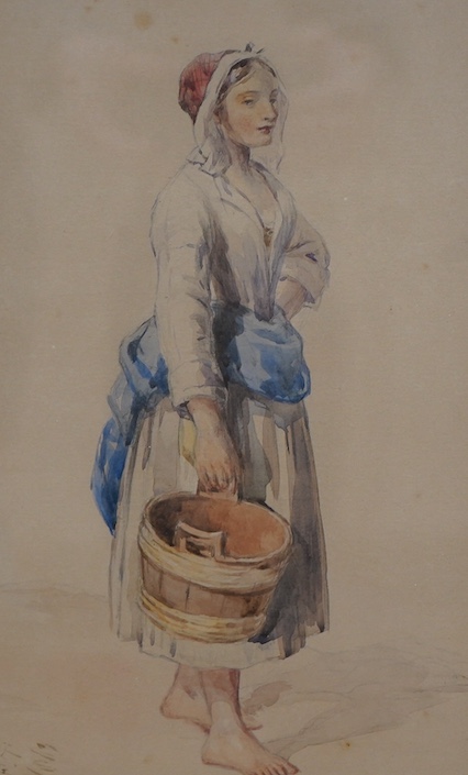 F. Tayler, watercolour, Full length study of a peasant woman, signed and dated 1863? together with an early 19th century, English School, watercolour, St. Helena, unsigned, largest 30 x 19cm. Condition - fair